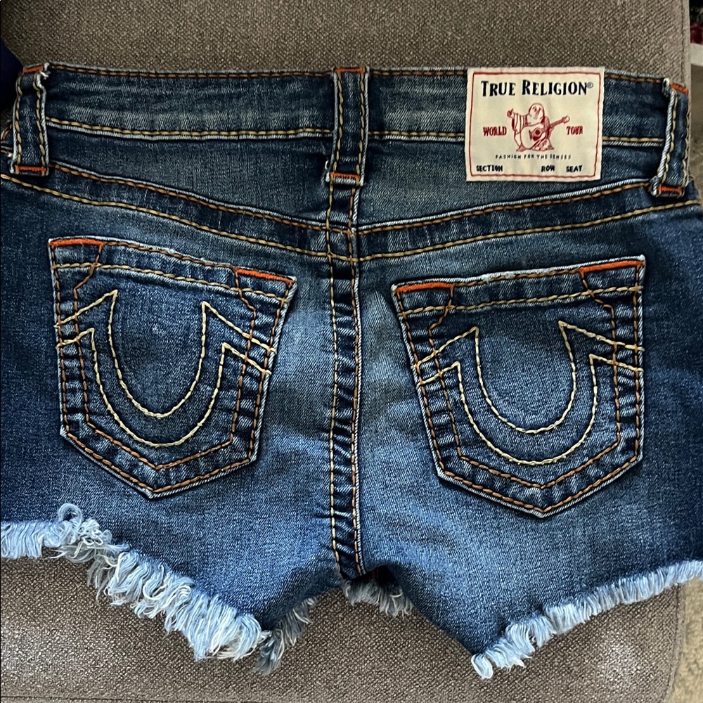 True Religion Dark Blue Jean Shorts with Frayed Hem